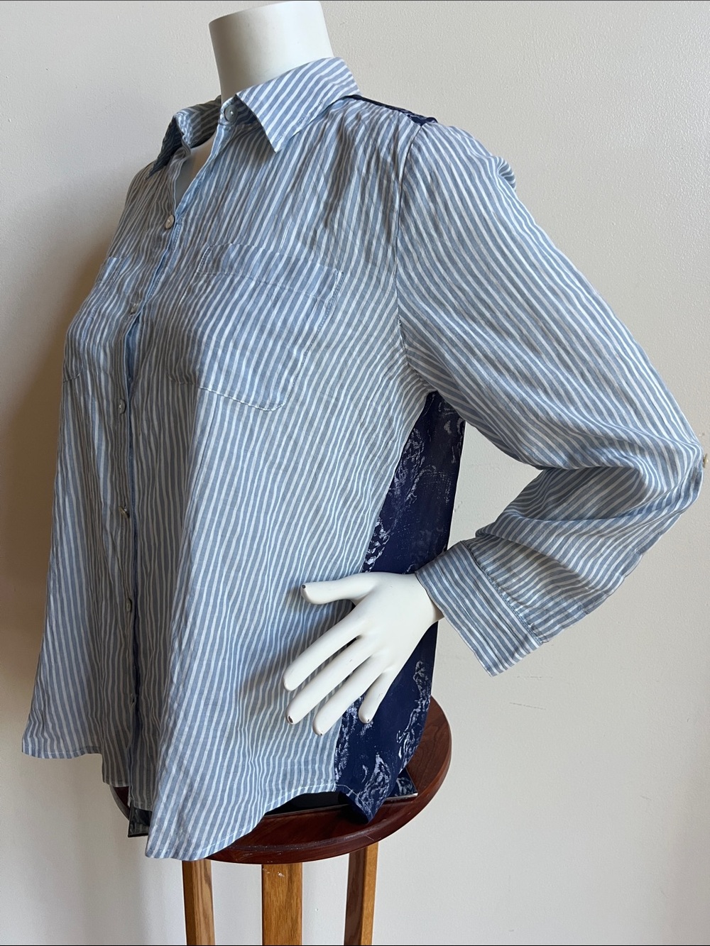 Chico's Striped Button-Down Shirt with Navy floral & Lace Back